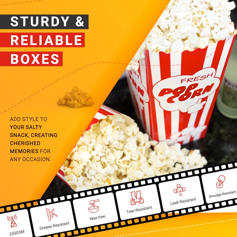Salbree 30 Movie Night Popcorn Paper Boxes Buckets 7.75 Inches Tall Large Box & Holds 46 Oz Old Fashion Vintage Retro Party Design Red & White Colored Nostalgic Carnival Stripes Bags & Tubs various qty avail - Image 3